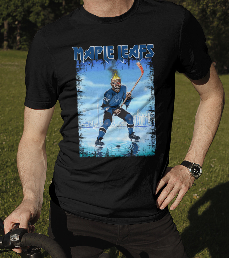 Maple Leafs Hockey Player With Fiery Skull And Hockey Stick On Ice In Front Of City Skyline T-Shirt