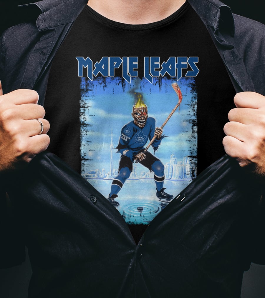 Maple Leafs Hockey Player With Fiery Skull And Hockey Stick On Ice In Front Of City Skyline T-Shirt