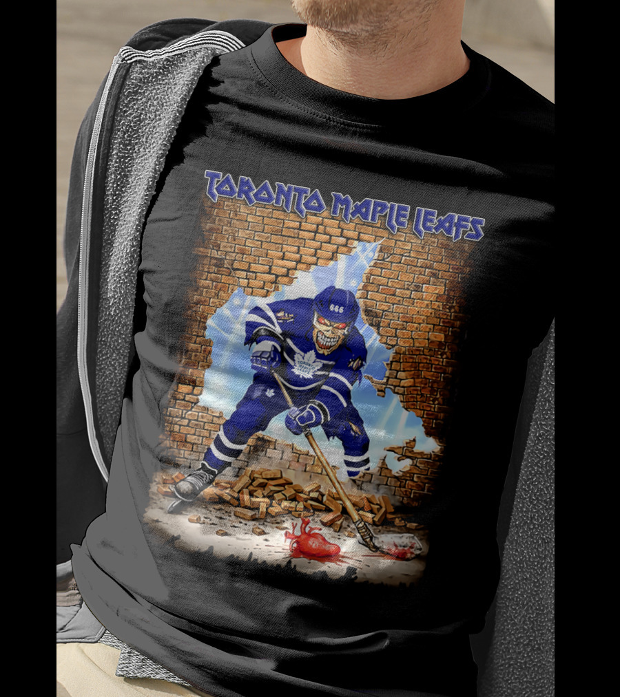 Toronto Maple Leafs Hockey Player Skeleton Breaking Brick Wall T-Shirt