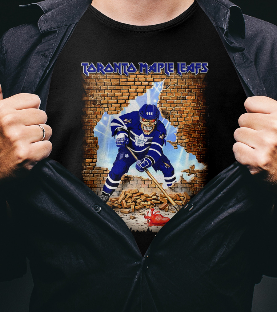 Toronto Maple Leafs Hockey Player Skeleton Breaking Brick Wall T-Shirt