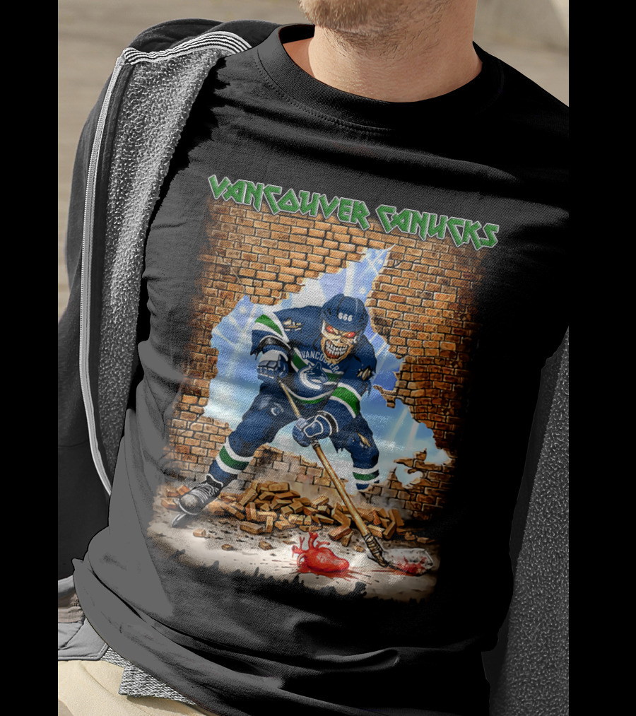 Vancouver Canucks Hockey Player Breaking Through Wall With Skull Mask And 666 Helmet T-Shirt