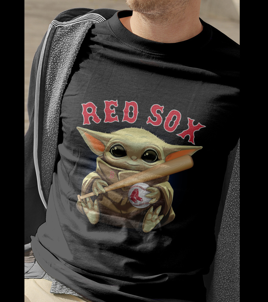 Boston Red Sox Baby Yoda Holding Baseball And Bat T-Shirt