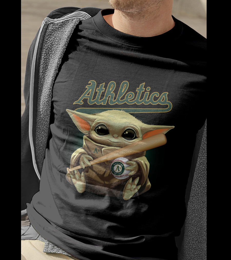 Athletics Baby Yoda Holding Baseball And Bat With Oakland A's T-Shirt