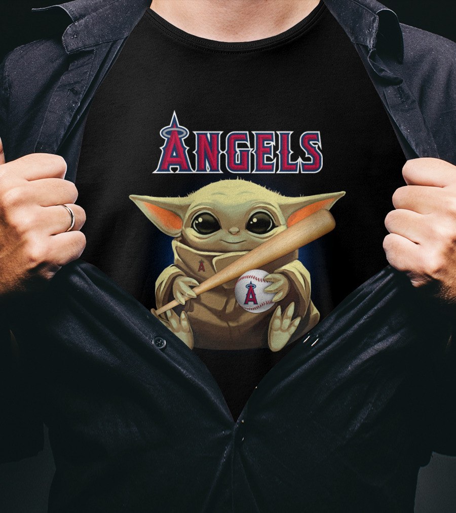 Los Angeles Angels Baby Yoda Baseball Bat Holding T-Shirt