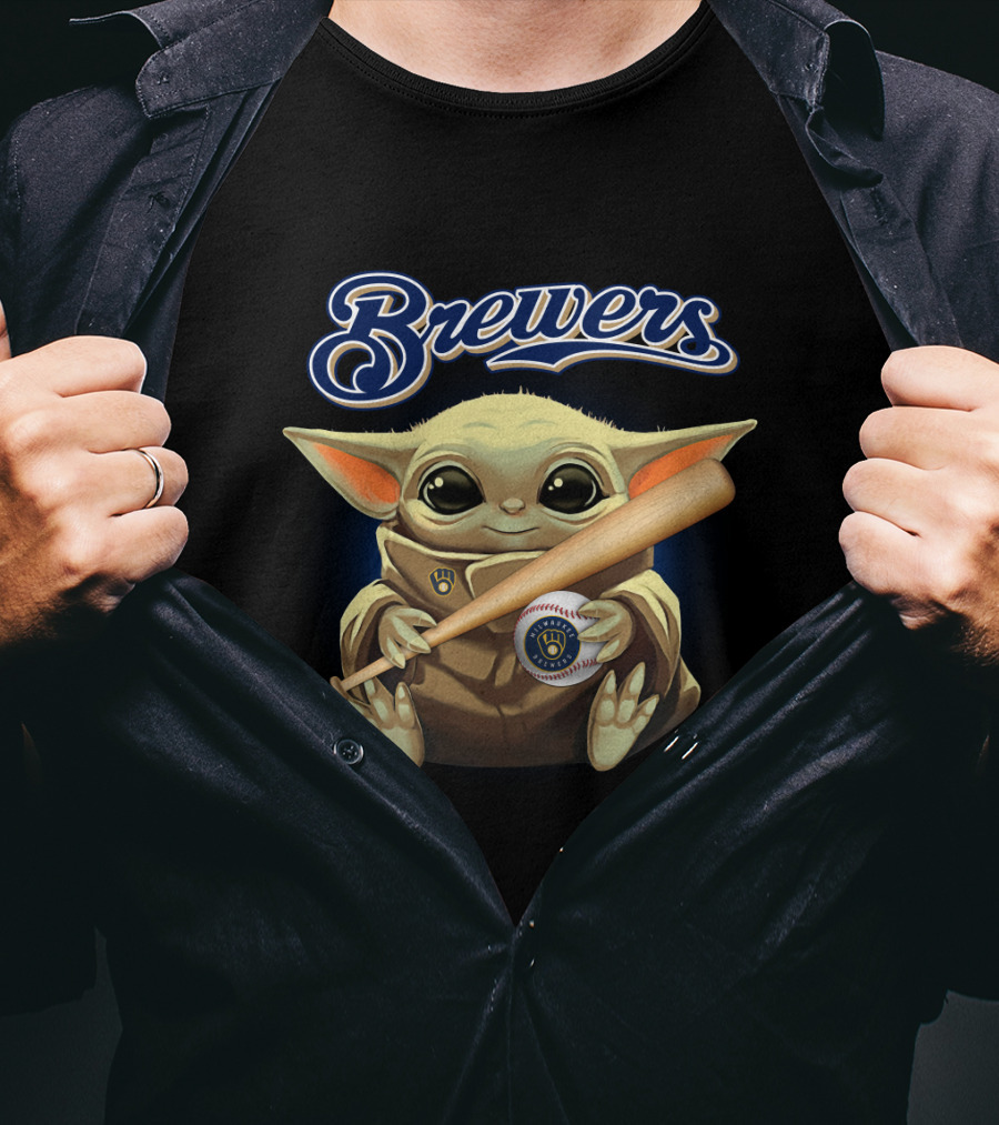 Milwaukee Brewers Baby Yoda Holding Baseball And Bat T-Shirt