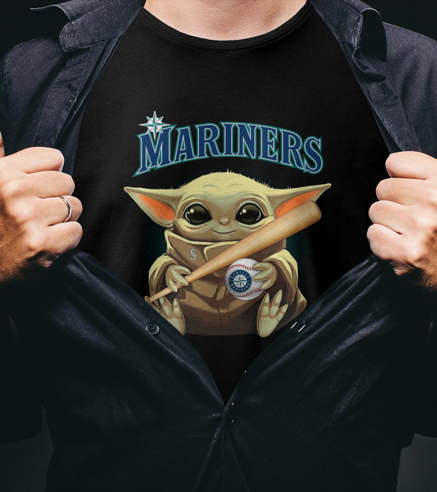 Seattle Mariners Baby Yoda Holding Baseball Bat And Ball T-Shirt