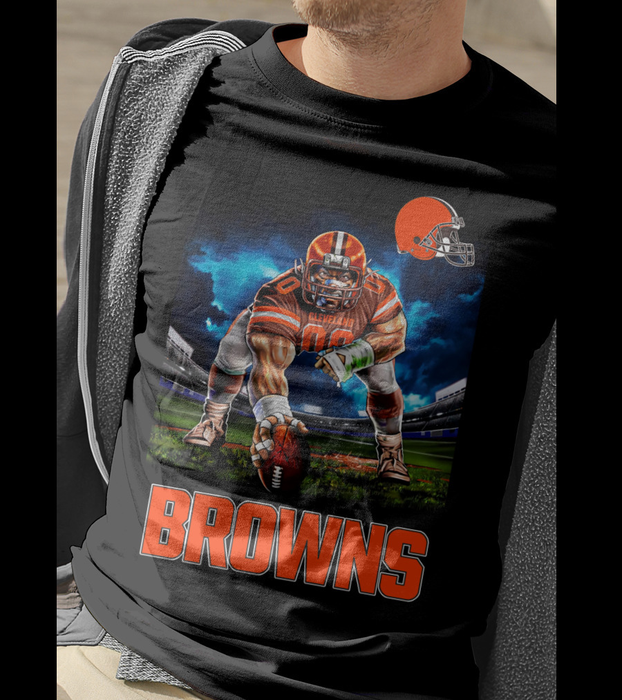 Cleveland Browns Nfl 3 Point Stance Football Player Stadium Scene T-Shirt