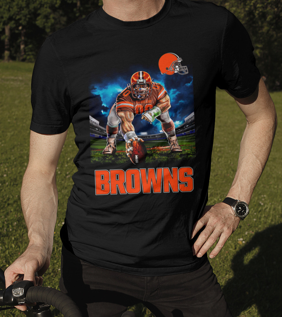 Cleveland Browns Nfl 3 Point Stance Football Player Stadium Scene T-Shirt