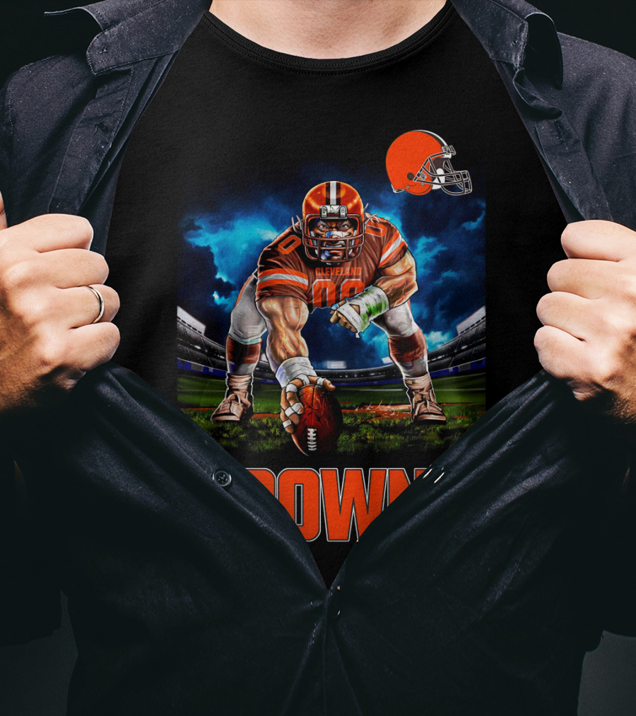 Cleveland Browns Nfl 3 Point Stance Football Player Stadium Scene T-Shirt