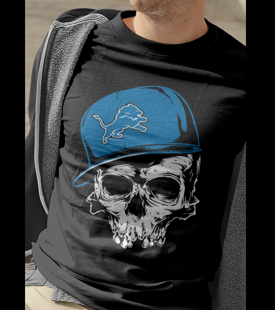 Detroit Lions Skull With Blue Cap Featuring Iconic Team T-Shirt