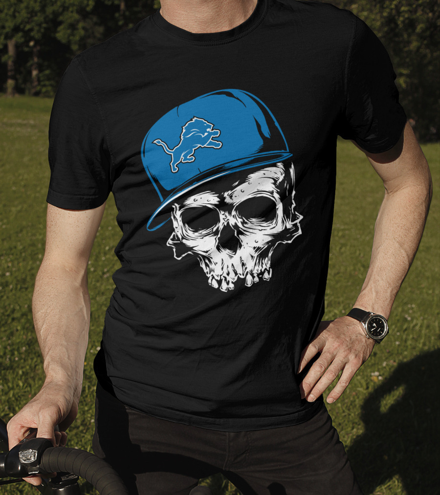 Detroit Lions Skull With Blue Cap Featuring Iconic Team T-Shirt