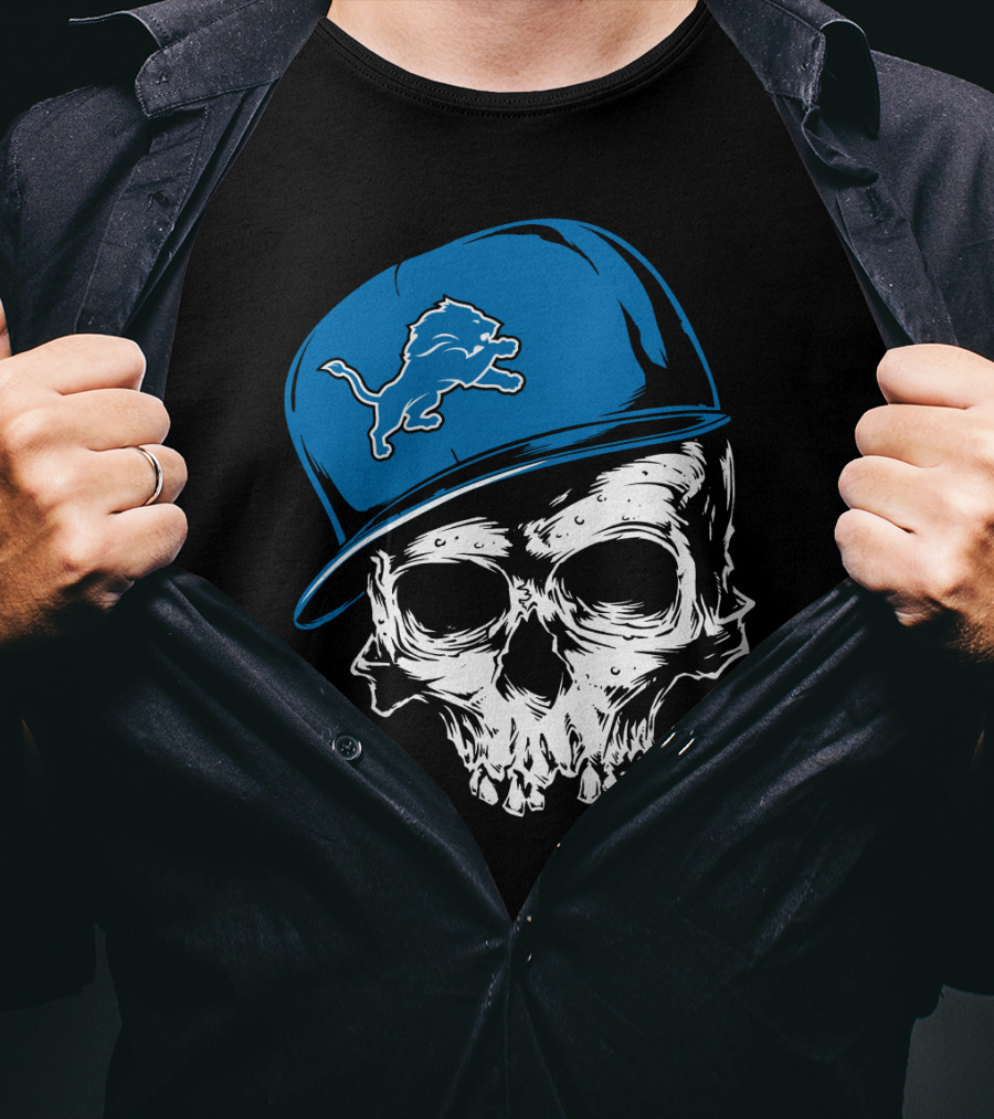 Detroit Lions Skull With Blue Cap Featuring Iconic Team T-Shirt