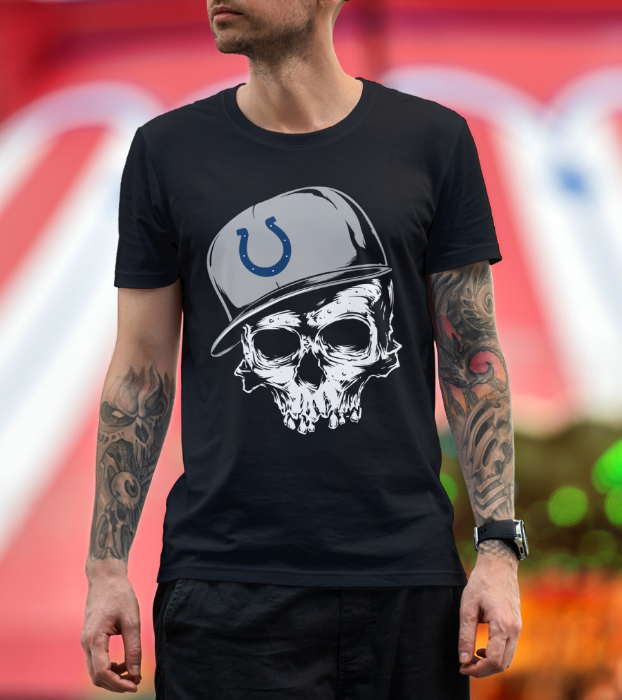 Indianapolis Colts Skull With Cap And Horseshoe T-Shirt