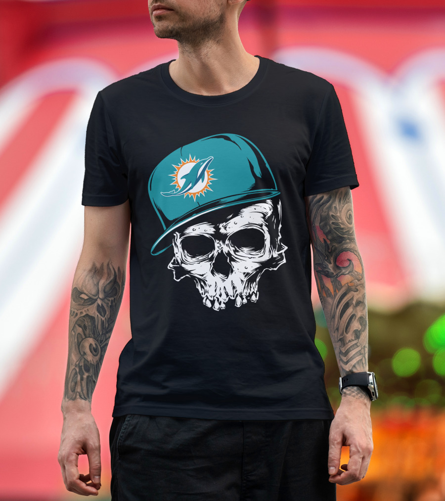 Miami Dolphins Skull With Teal Hat T-Shirt
