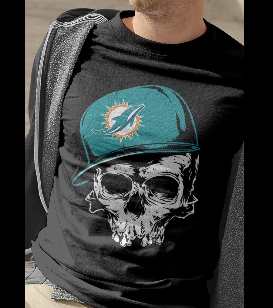Miami Dolphins Skull With Teal Hat T-Shirt
