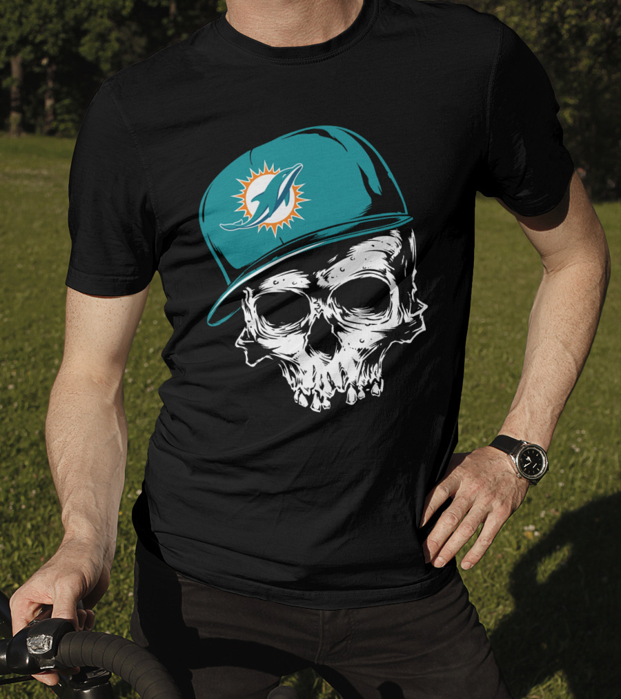 Miami Dolphins Skull With Teal Hat T-Shirt