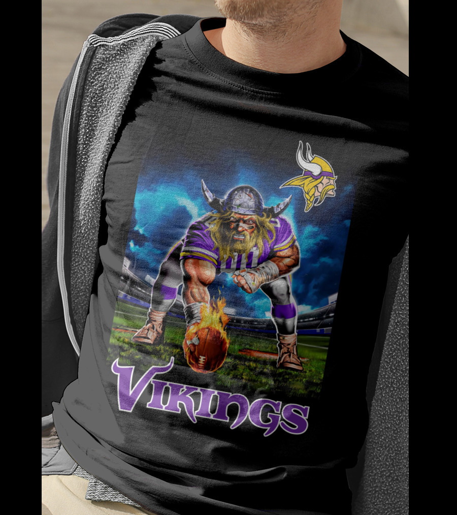Minnesota Vikings 3 Point Stance Nfl Viking Warrior With Helmet And Football In Stadium Nfl T-Shirt