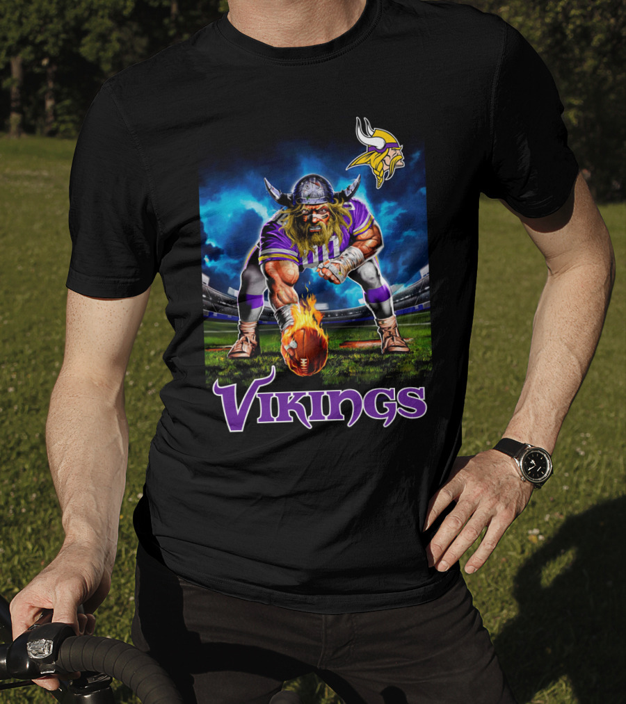 Minnesota Vikings 3 Point Stance Nfl Viking Warrior With Helmet And Football In Stadium Nfl T-Shirt