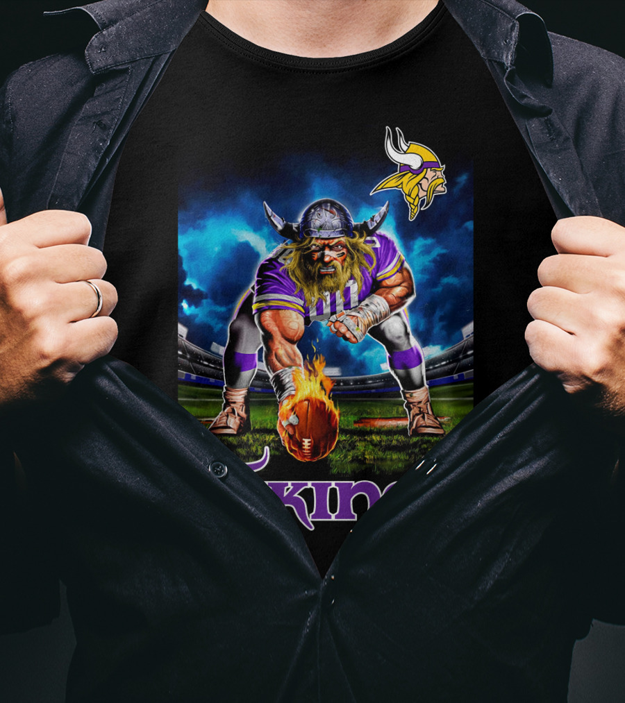 Minnesota Vikings 3 Point Stance Nfl Viking Warrior With Helmet And Football In Stadium Nfl T-Shirt