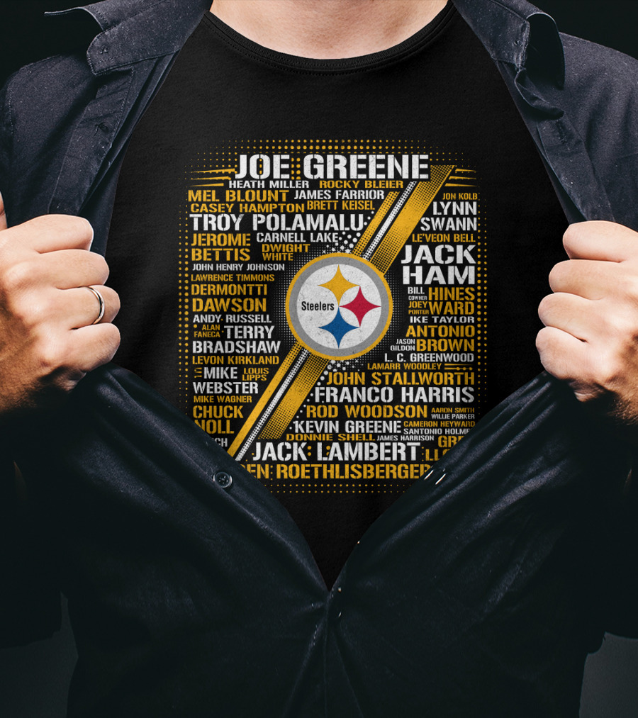 Joe Greene Troy Polamalu Jerome Bettis Steelers Iconic Names Collage T-Shirt