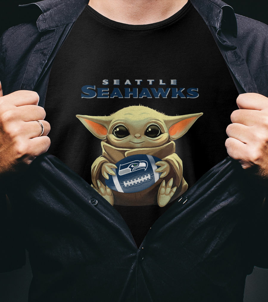 Seattle Seahawks Baby Yoda Holding Seahawks Football T-Shirt