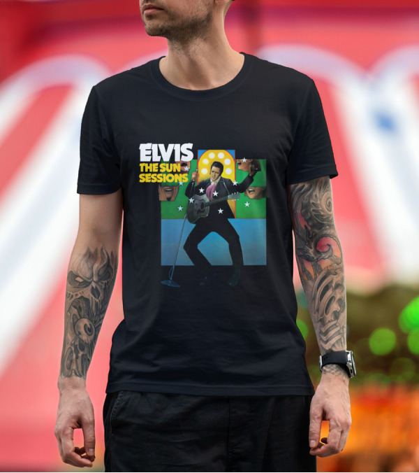 Premium T-Shirt: ELVIS The Sun Sessions Iconic Performance Imagery with Guitar and Microphone T-Shirt ELVIS The Sun Sessions Iconic Performance Imagery with Guitar and Microphone T-Shirt