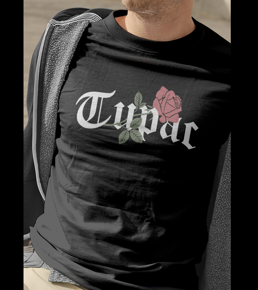Tupac Gothic Font With Rose T-Shirt