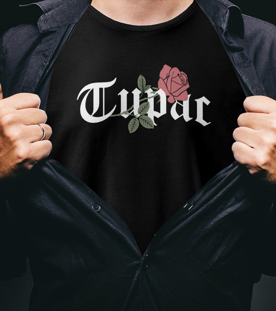 Tupac Gothic Font With Rose T-Shirt