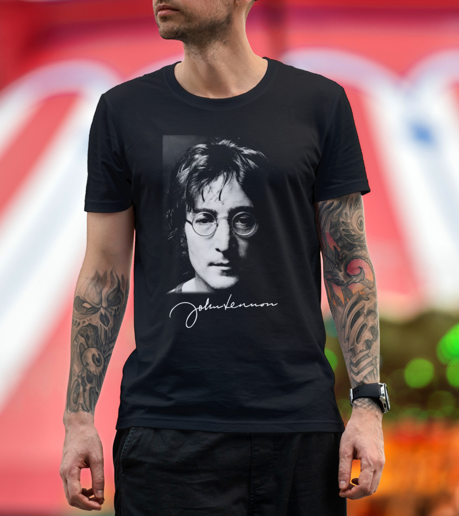John Lennon Black And White Portrait With Signature T-Shirt