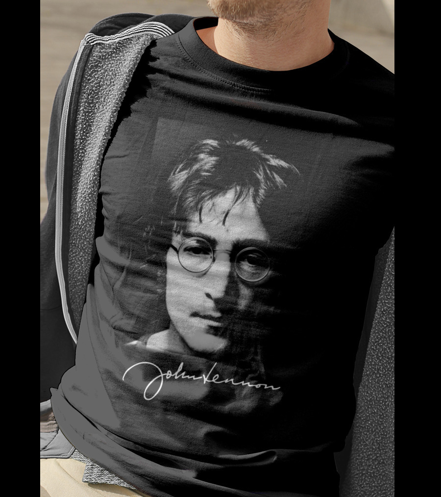 John Lennon Black And White Portrait With Signature T-Shirt