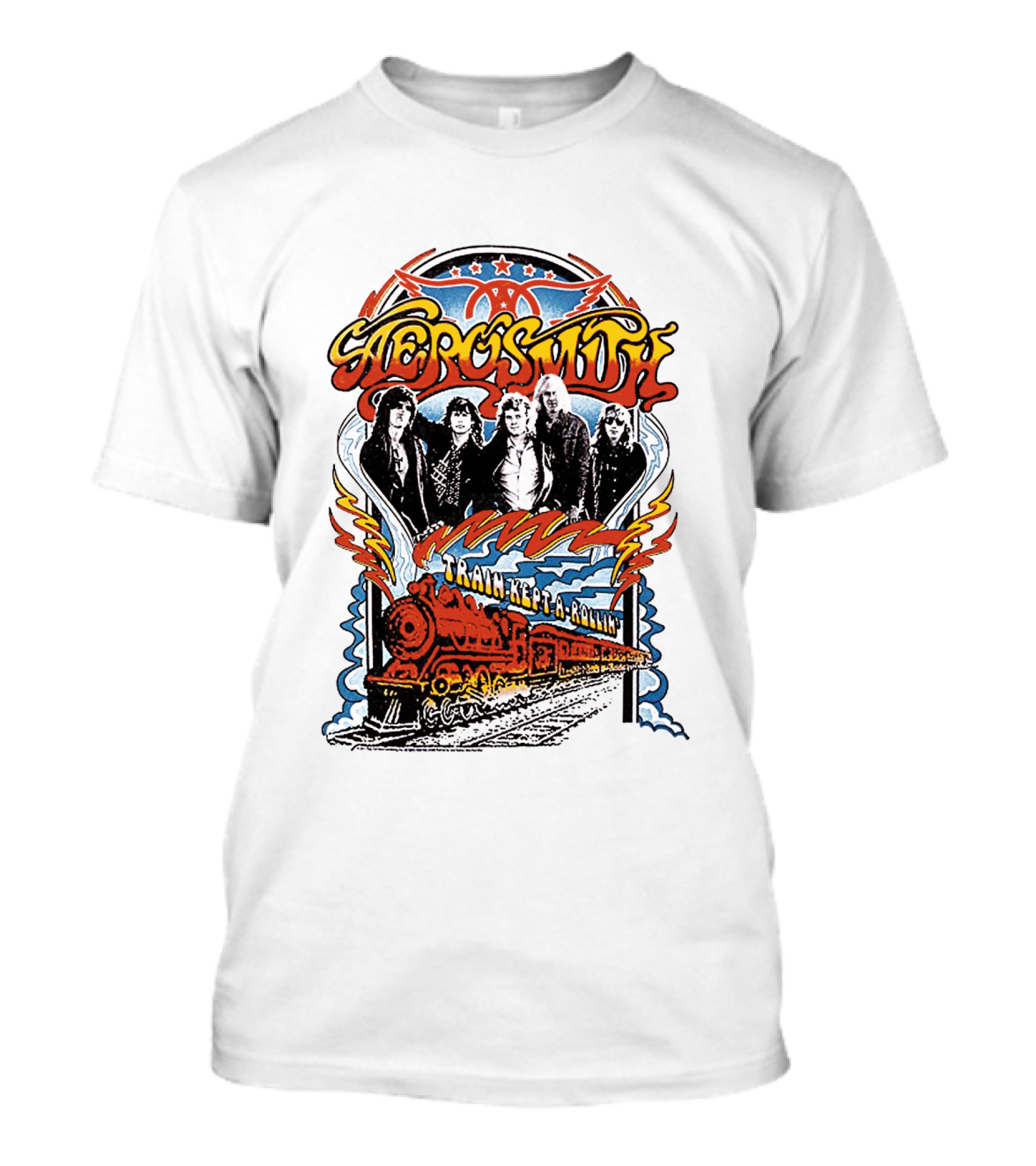 Aerosmith Train Kept A Rollin' Retro Band Graphic With Train And Stars T-Shirt