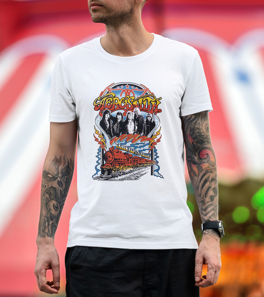 Aerosmith Train Kept A Rollin' Retro Band Graphic with Train and Stars T-Shirt