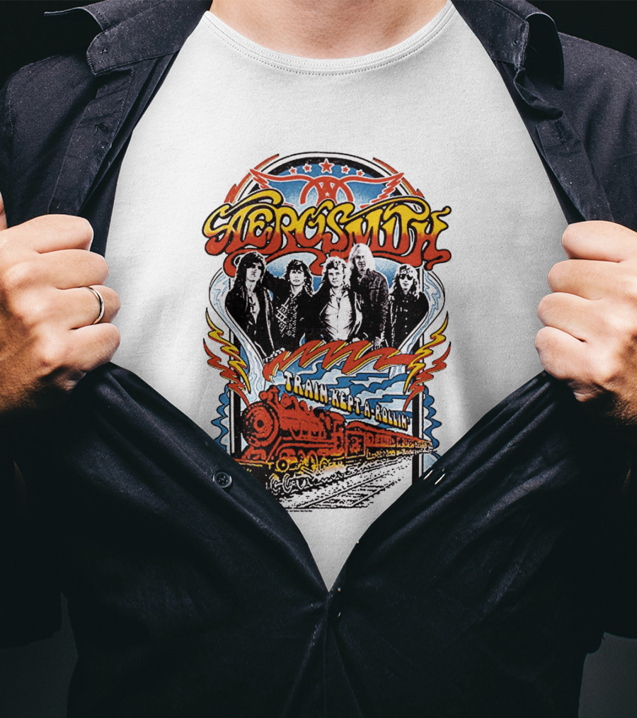 Aerosmith Train Kept A Rollin' Retro Band Graphic With Train And Stars T-Shirt