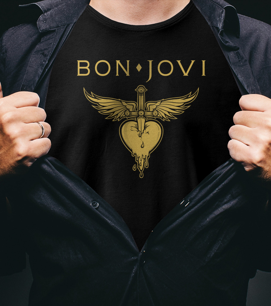 Bon Jovi Winged Dagger Heart Dripping Gold T-Shirt