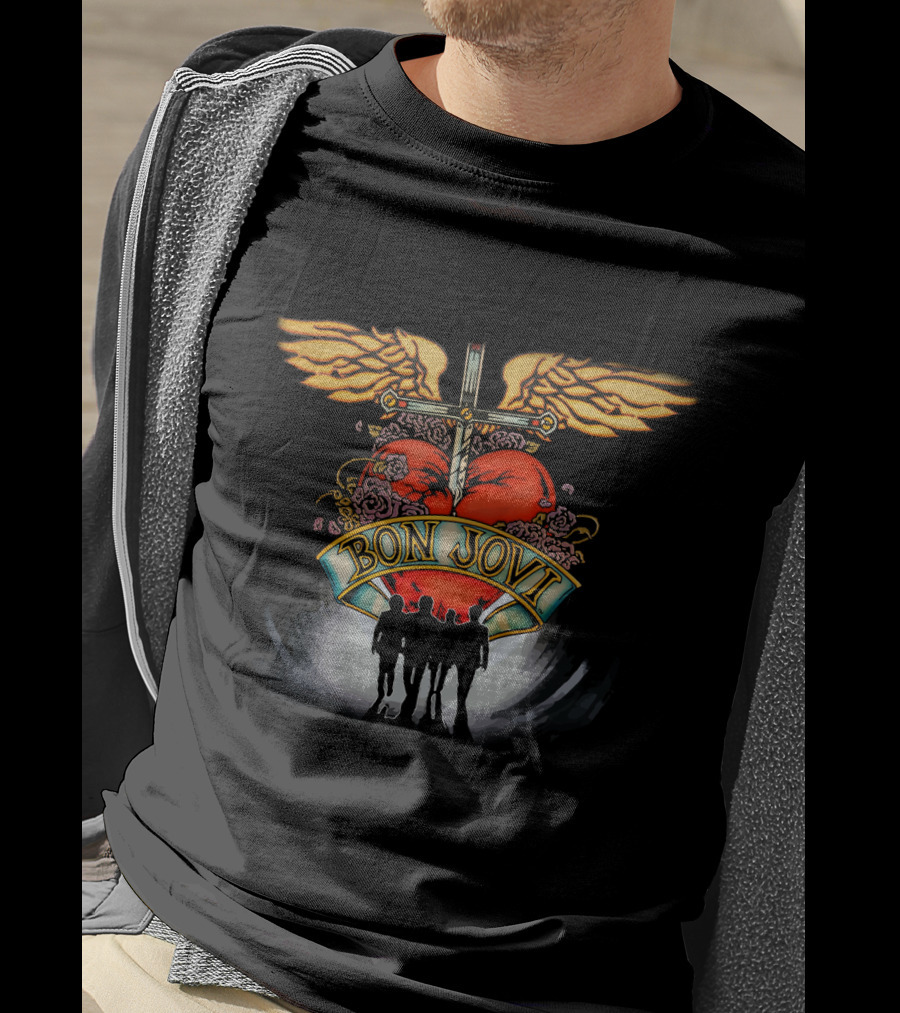 Bon Jovi Winged Heart Cross Silhouette T-Shirt