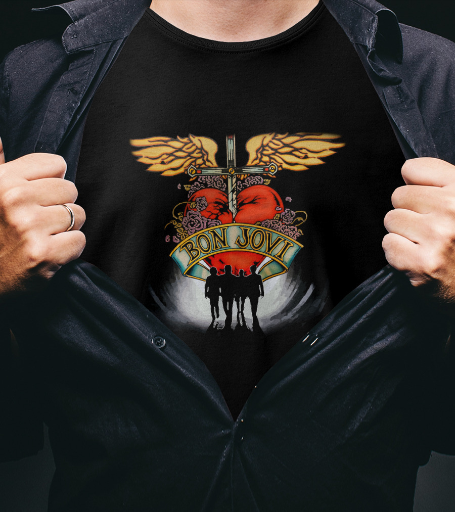 Bon Jovi Winged Heart Cross Silhouette T-Shirt
