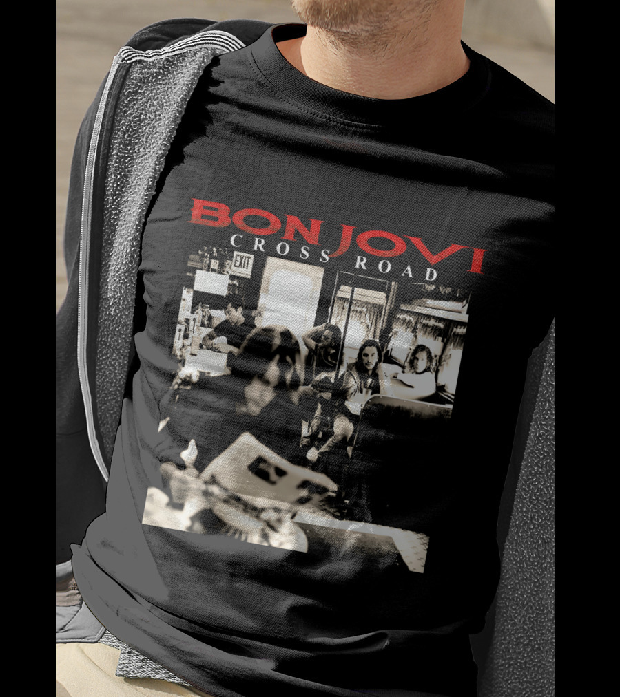Bon Jovi Cross Road Album Cover Black And White Café Scene T-Shirt