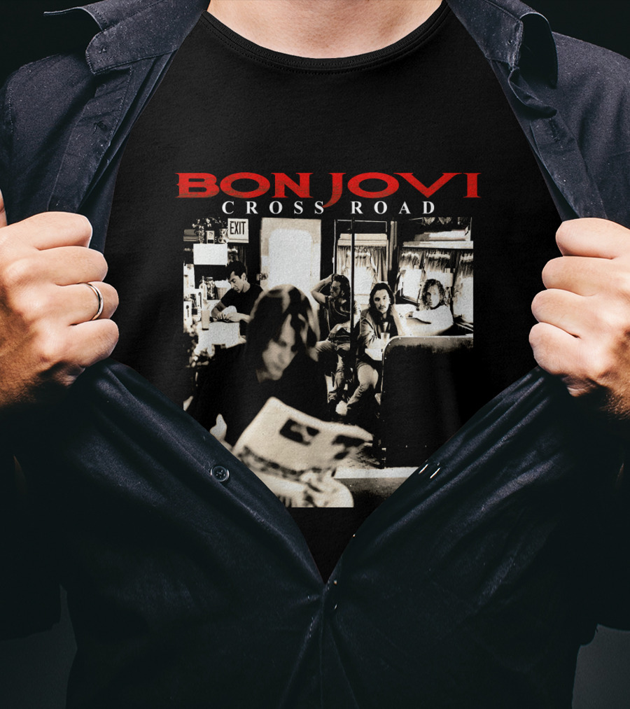 Bon Jovi Cross Road Album Cover Black And White Café Scene T-Shirt