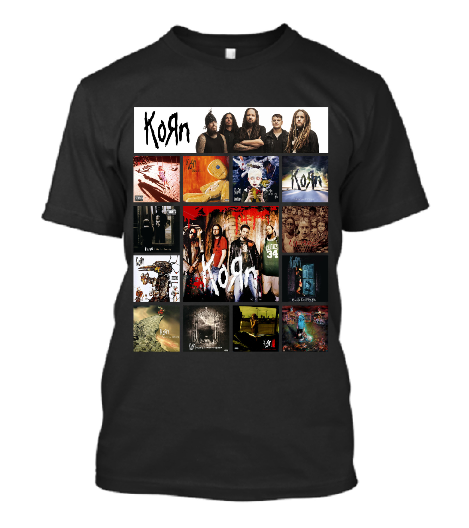 Korn Greatest Hits Collection Featuring Classic Album Covers And Band Members T-Shirt