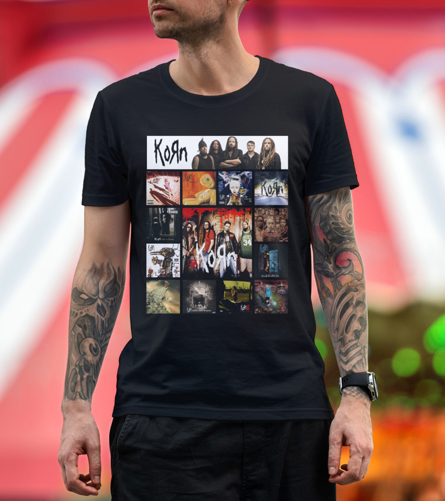 Korn Greatest Hits Collection Featuring Classic Album Covers And Band Members T-Shirt