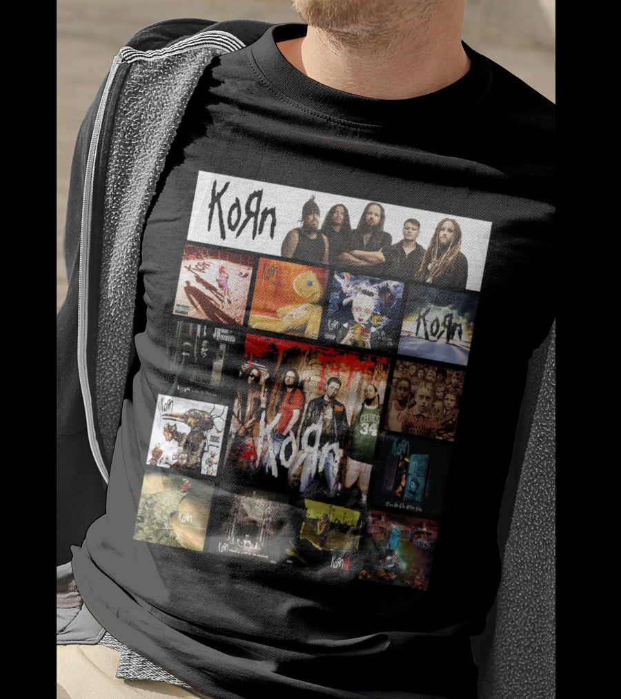 Korn Greatest Hits Collection Featuring Classic Album Covers And Band Members T-Shirt
