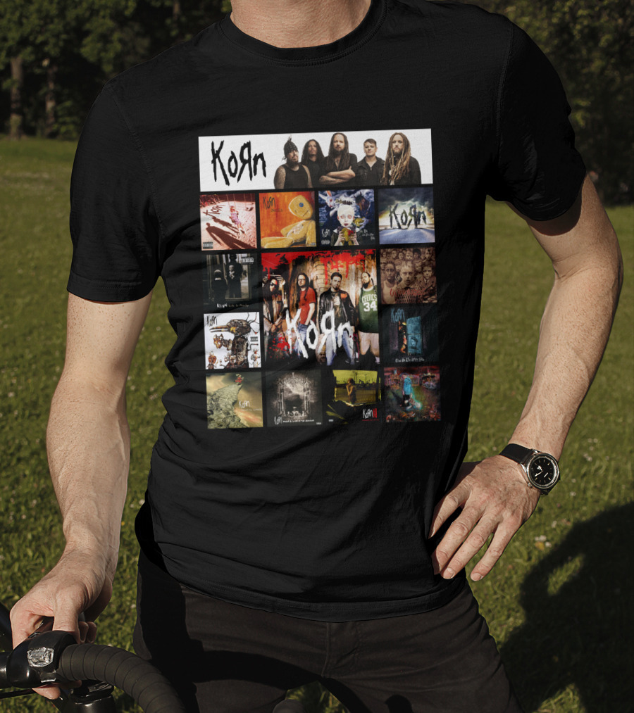 Korn Greatest Hits Collection Featuring Classic Album Covers And Band Members T-Shirt