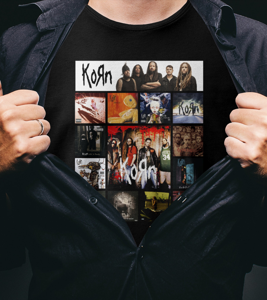 Korn Greatest Hits Collection Featuring Classic Album Covers And Band Members T-Shirt
