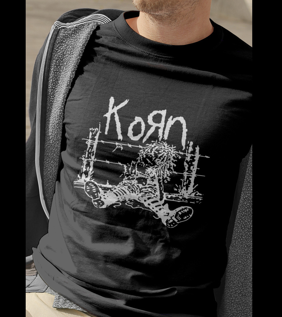 Korn Grunge Style Sitting Figure With Barbed Wire Background T-Shirt