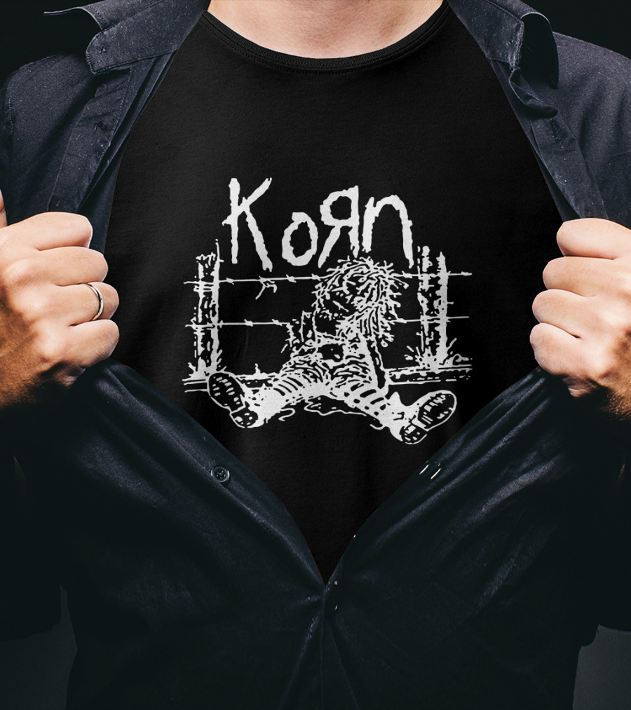 Korn Grunge Style Sitting Figure With Barbed Wire Background T-Shirt