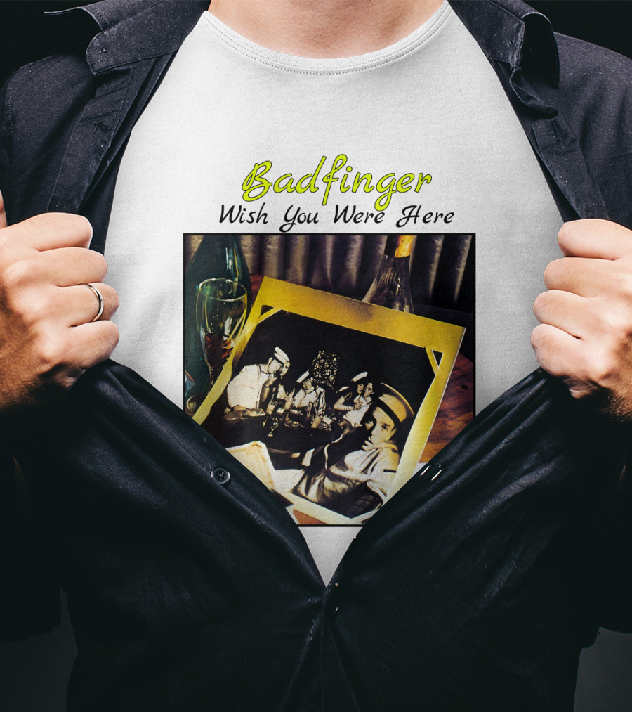 Badfinger Wish You Were Here Album Art Photographic Table Setting With Drinks And Photographs T-Shirt