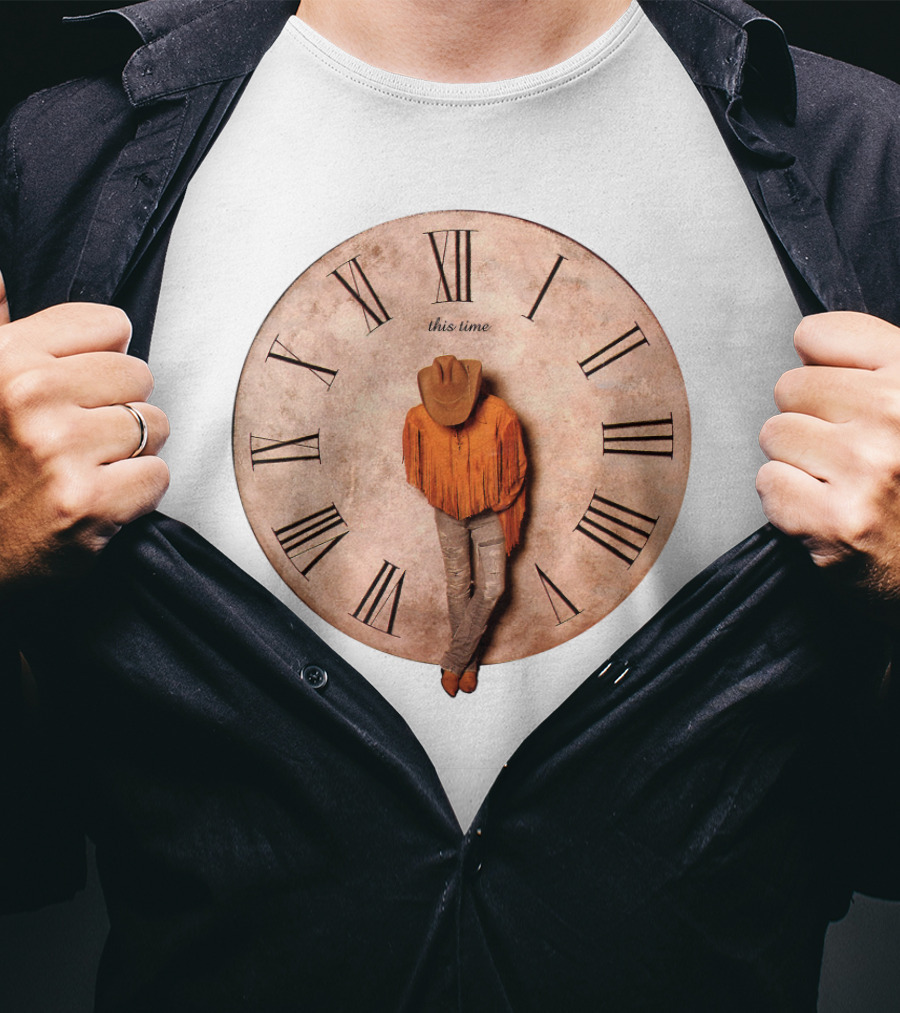 Cowboy Hat Fringed Jacket Leaning On Roman Numeral Clockface This Time T-Shirt