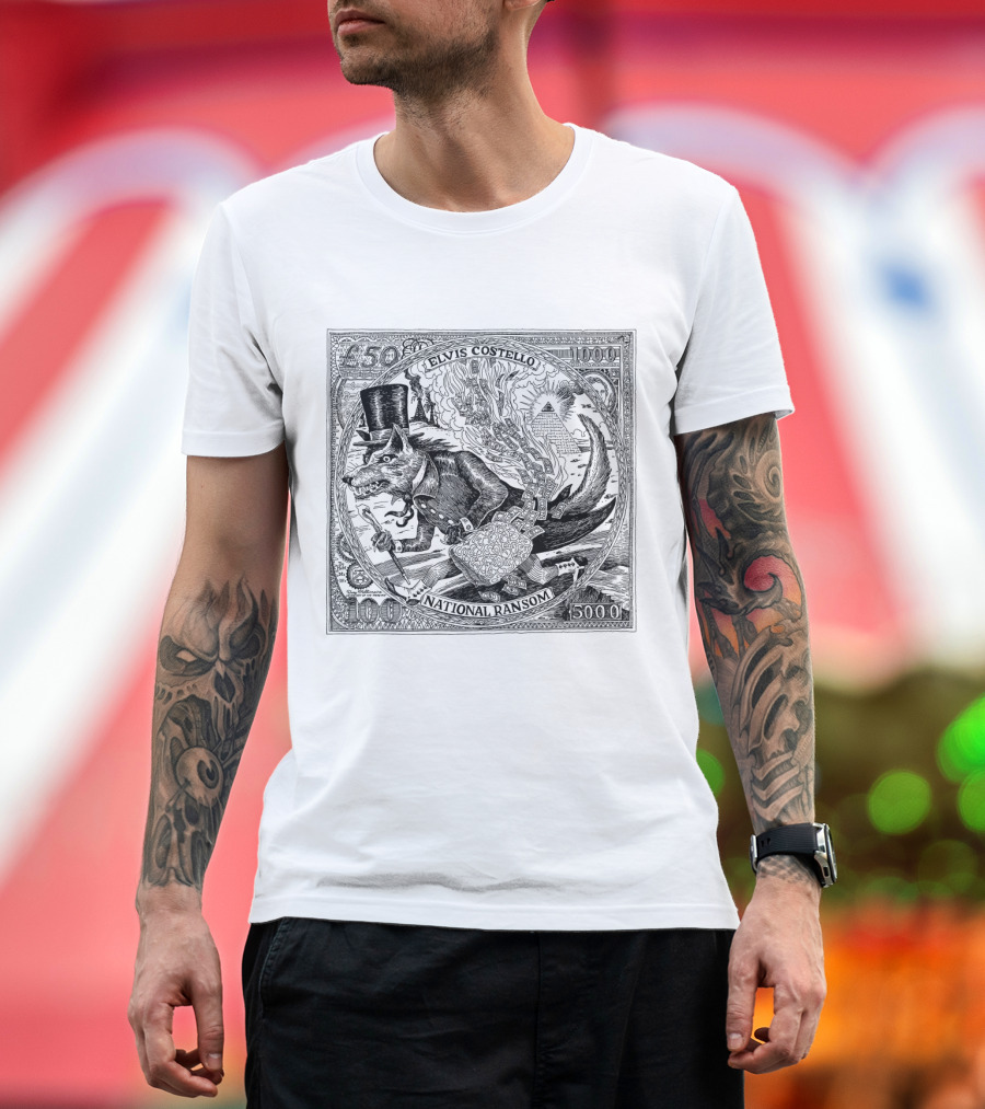 Elvis Costello National Ransom Art with Fox in Top Hat and Pyramid Motif T-Shirt
