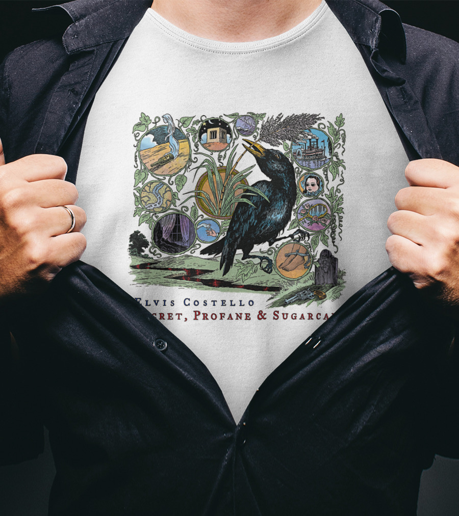 Elvis Costello Secret Profane And Sugarcane Blackbird And Icons T-Shirt