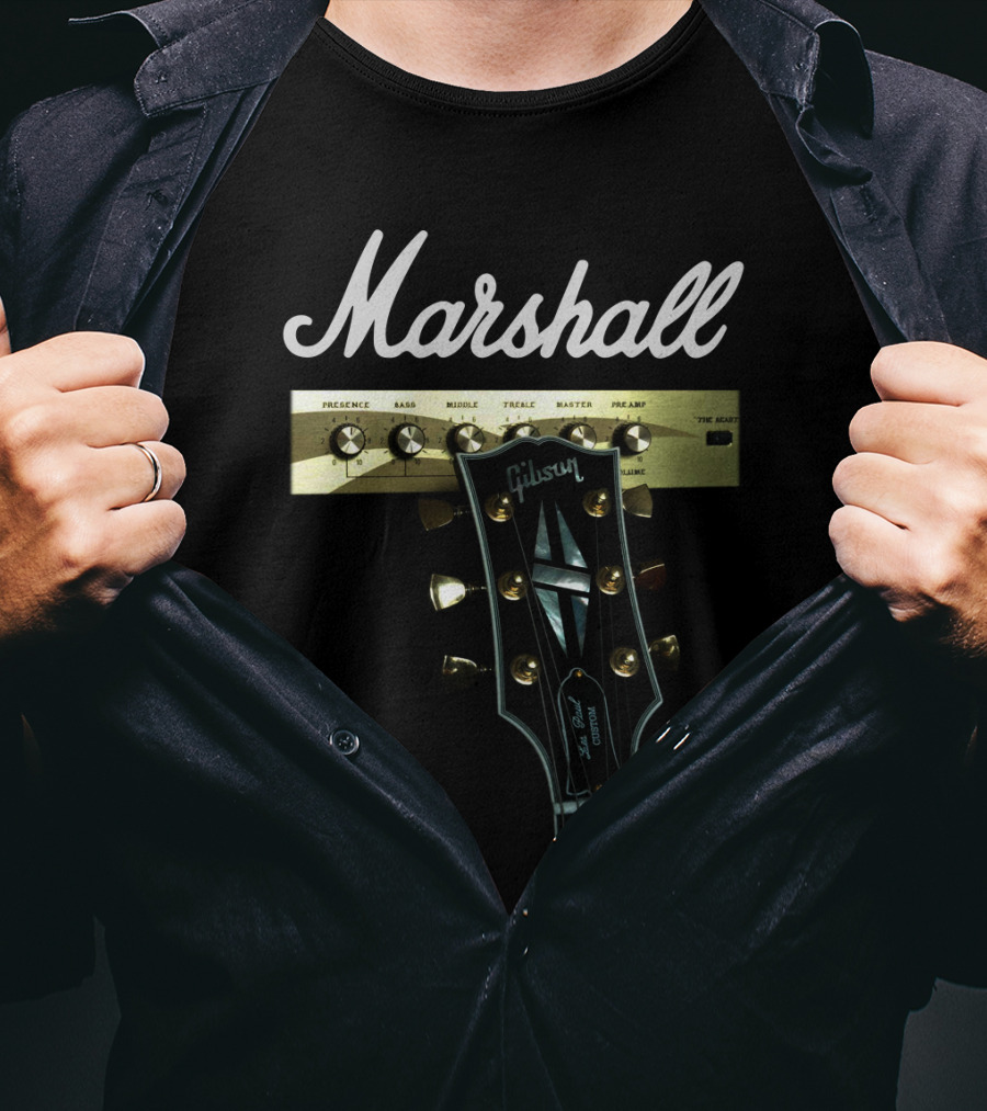 Marshall Amplification Gibson Guitar Headstock Presence Bass Treble Master Peavey T-Shirt
